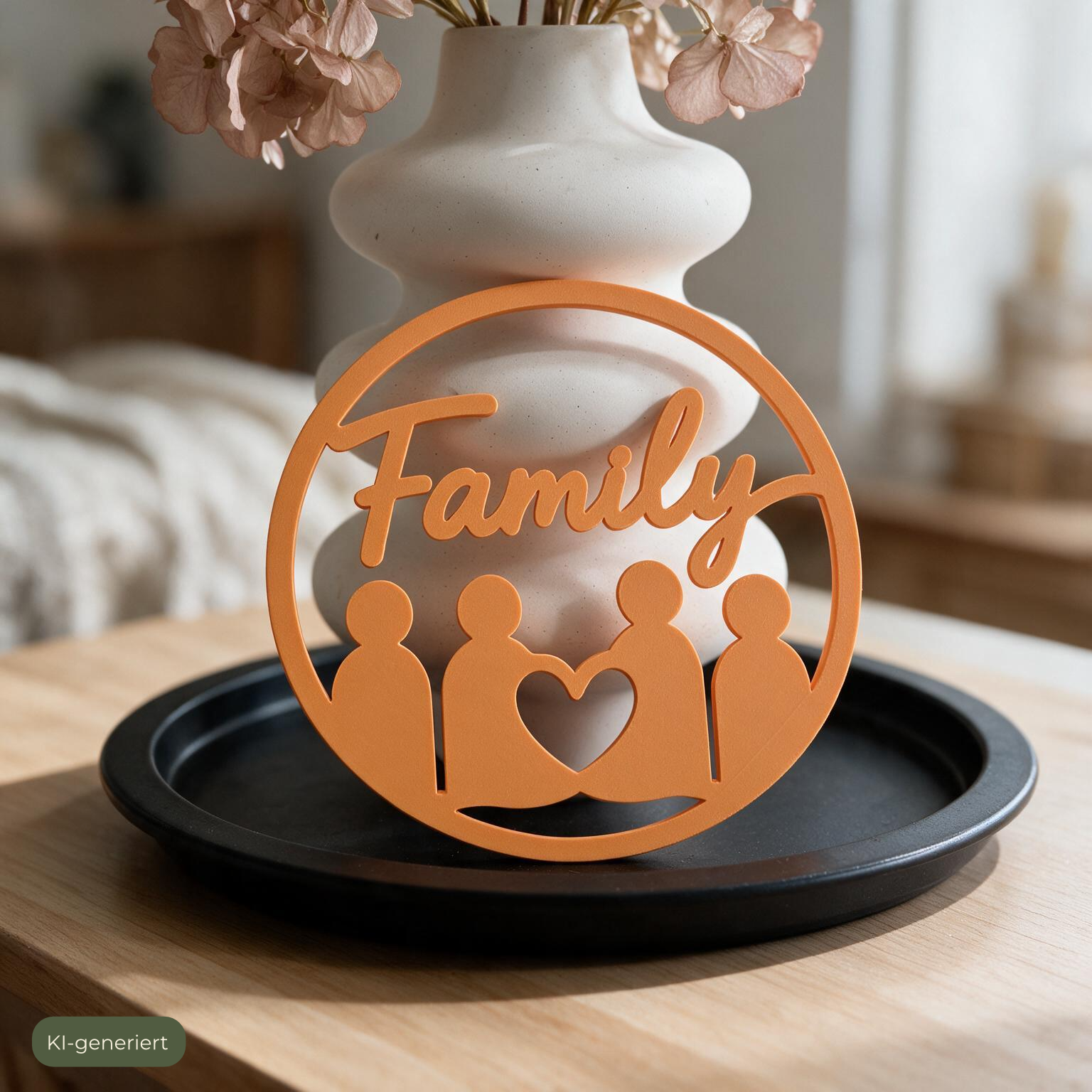 Deko-Ring Family als Standdeko vor Vase mit Trockenblumen, KI-generiert
