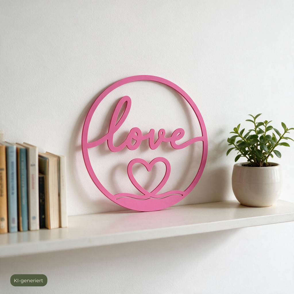 Deko-Ring love auf weißem Regal zwischen Büchern und Grünpflanze, KI-generiert