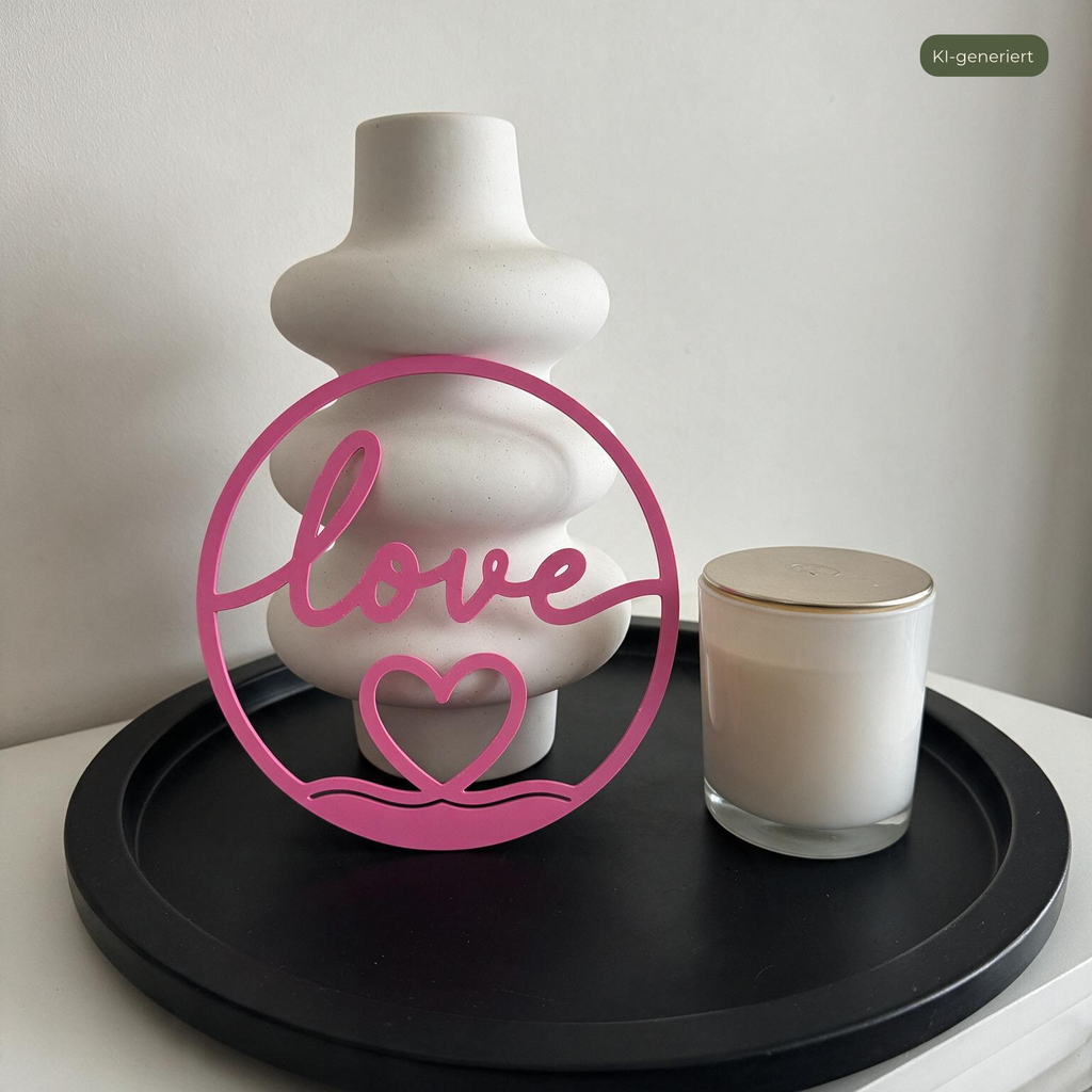 Deko-Ring love mit Herz-Detail neben Duftkerze auf schwarzem Tablett, KI-generiert