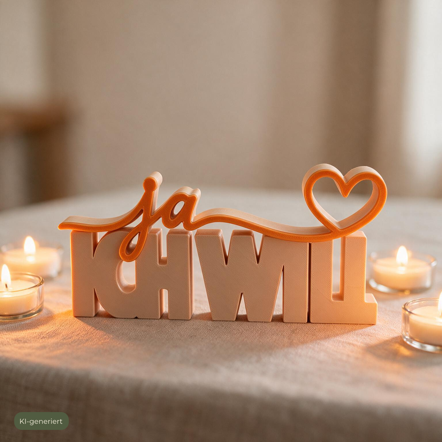 Deko-Schriftzug Ja ich will auf Hochzeitstafel umgeben von brennenden Teelichtern, KI-generiert