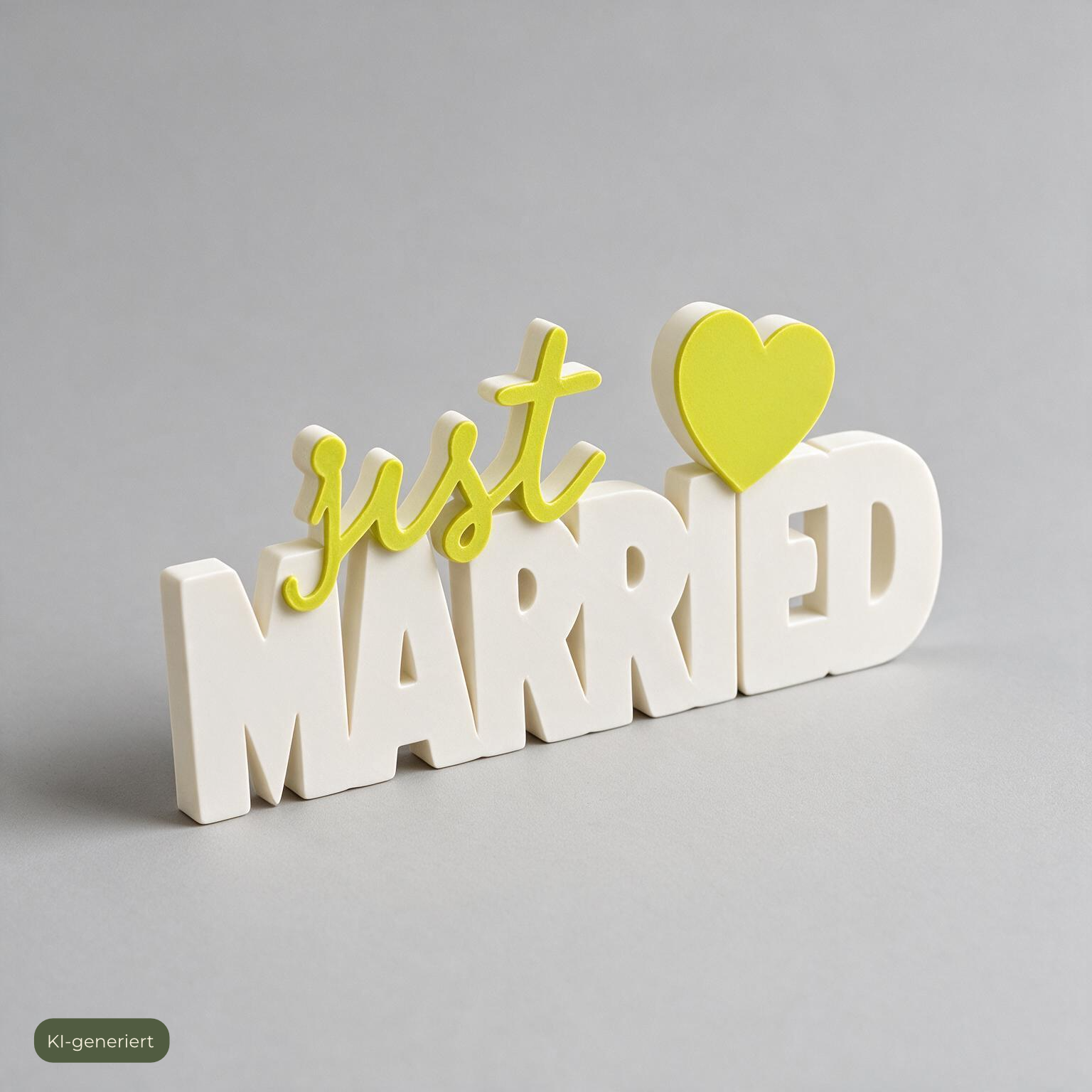 Deko-Schriftzug Just Married mit Herz-Detail vor grauem Hintergrund, KI-generiert