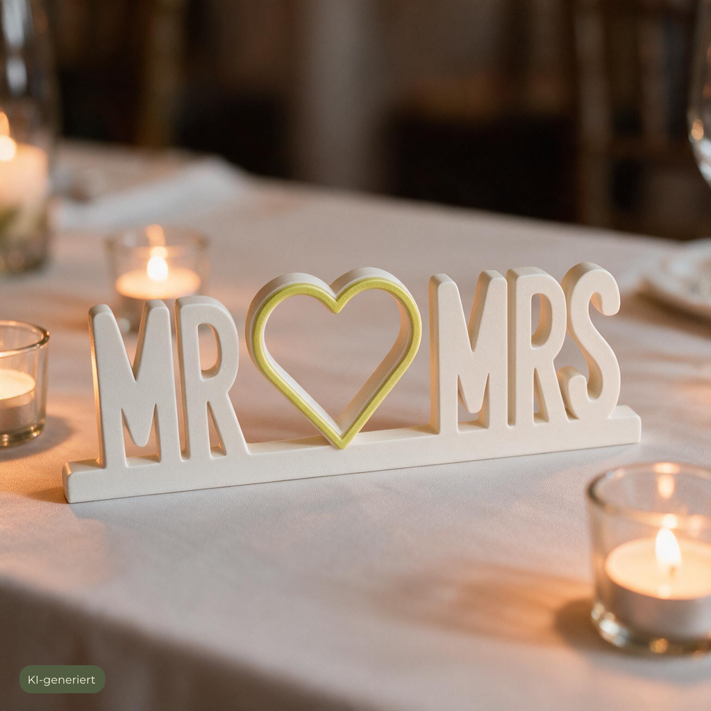 Deko-Schriftzug Mr & Mrs auf Hochzeitstafel umgeben von brennenden Teelichtern, KI-generiert