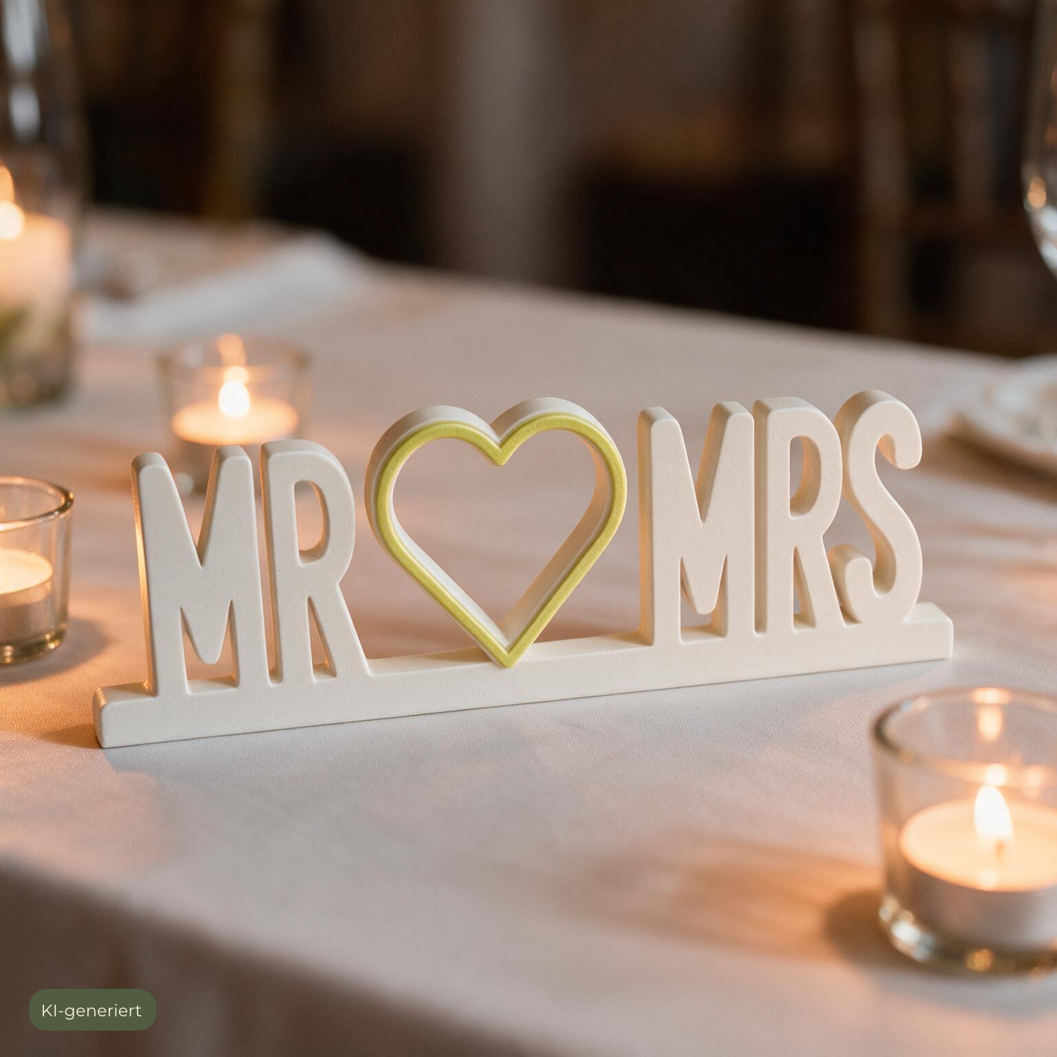 Deko-Schriftzug Mr & Mrs auf Hochzeitstafel umgeben von brennenden Teelichtern, KI-generiert