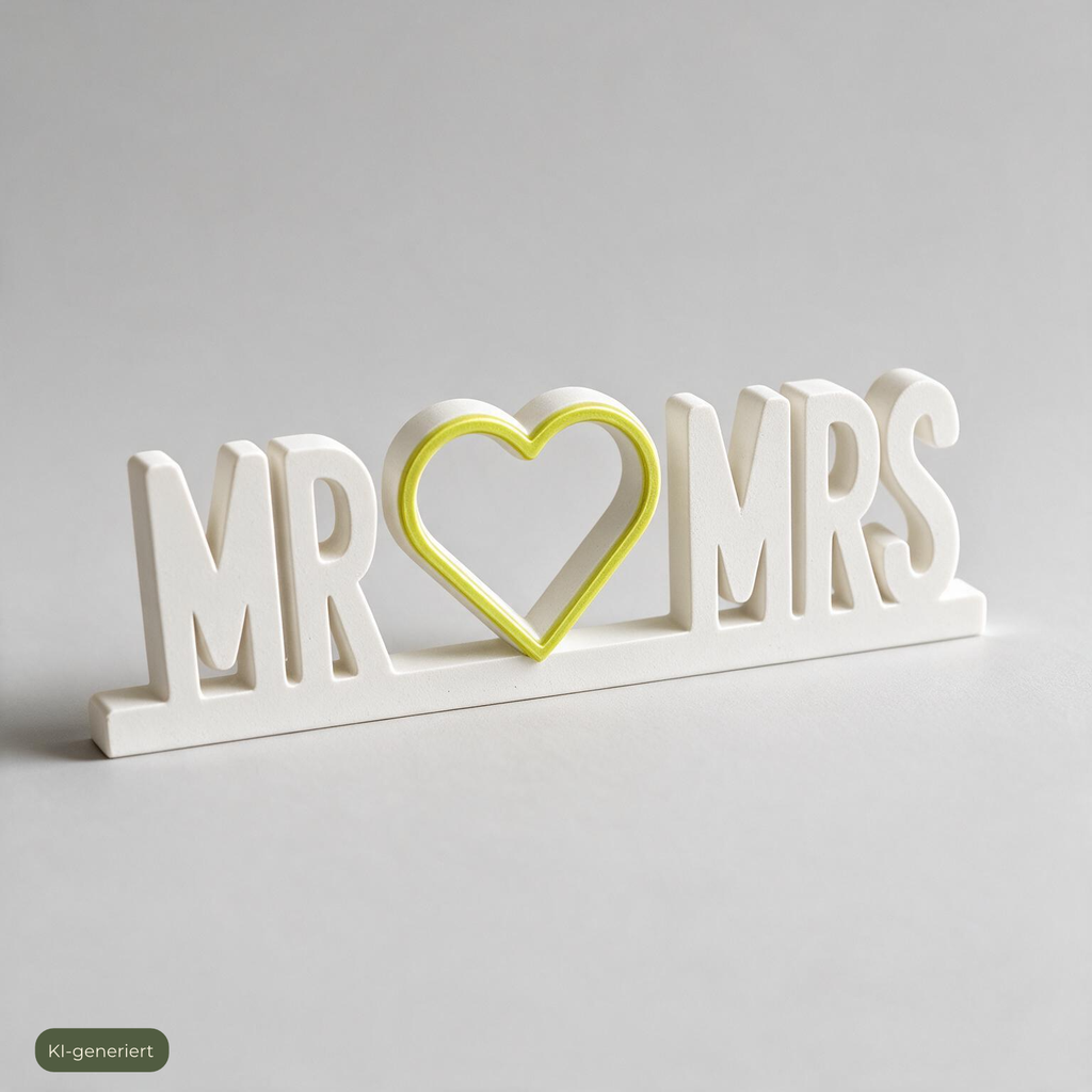 Deko-Schriftzug Mr & Mrs mit Herz-Umriss vor grauem Hintergrund, KI-generiert