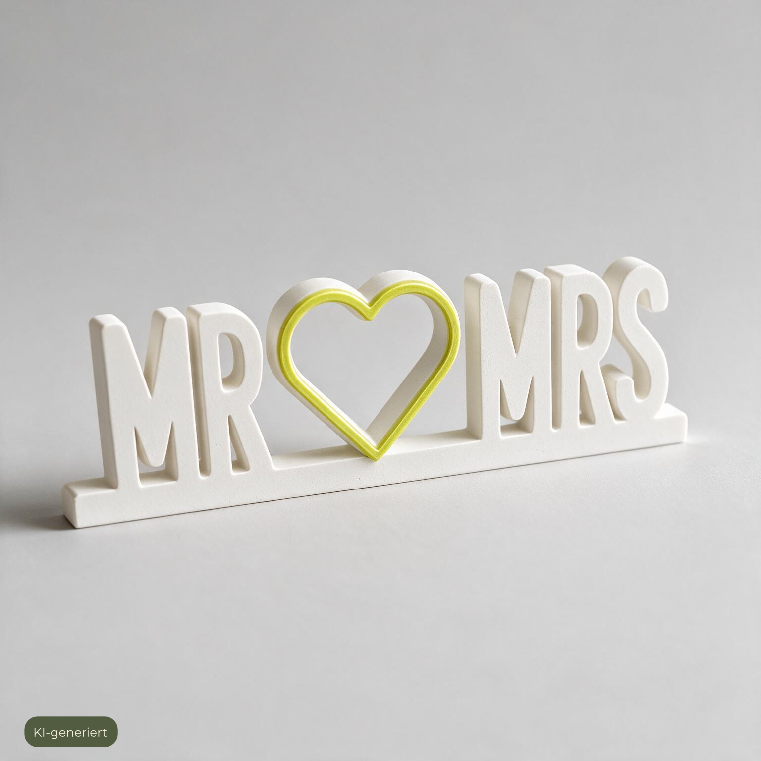 Deko-Schriftzug Mr & Mrs mit Herz-Umriss vor grauem Hintergrund, KI-generiert