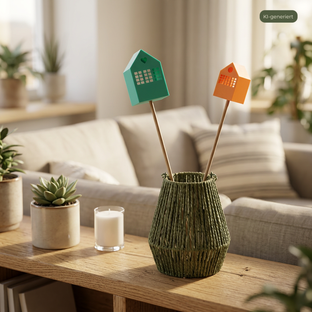 Deko Häuser Set auf einem Sideboard im Wohnzimmer, KI-generiert