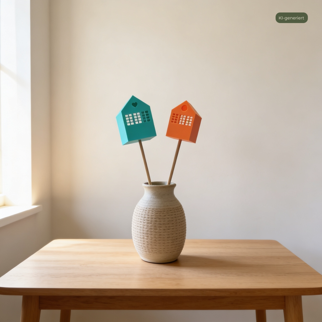 Deko Häuser Set in Vase auf einem Tisch, KI-generiert
