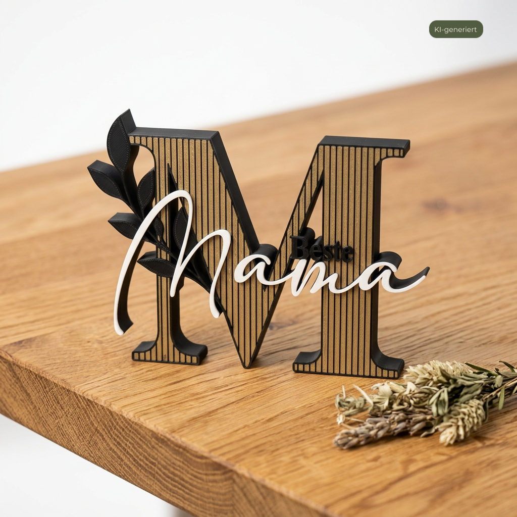 Deko Schriftzug Beste Mama auf einem Holztisch, KI-generiert