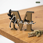 Deko Schriftzug Beste Mama auf einem Holztisch, KI-generiert
