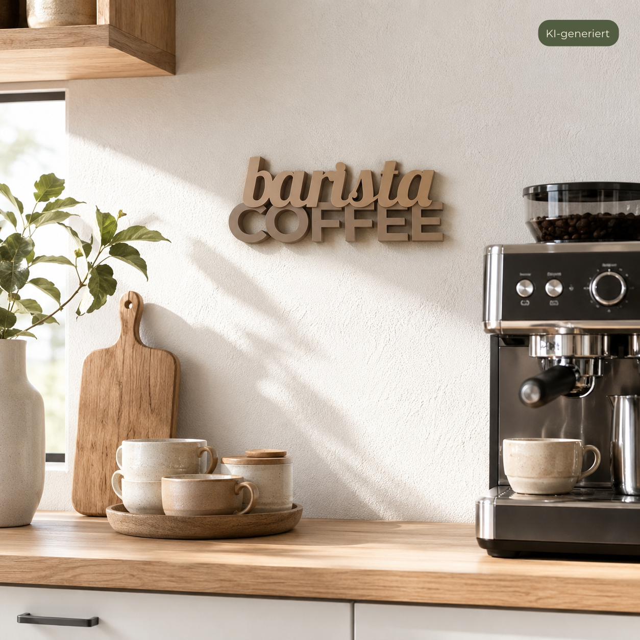 Deko Schriftzug barista COFFEE über einer Arbeitsplatte und neben einer Kaffeemaschine, KI-generiert