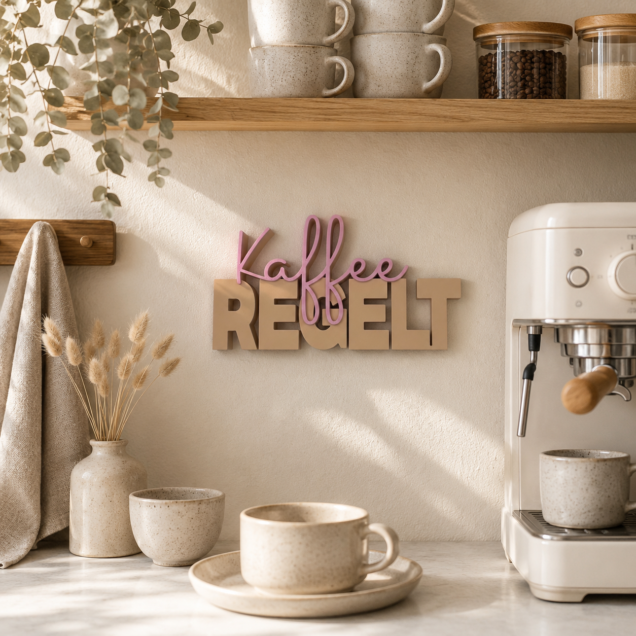 Deko-Schriftzug Kaffee REGELT auf Küchenregal – freche Küchendeko für Kaffeeliebhaber
