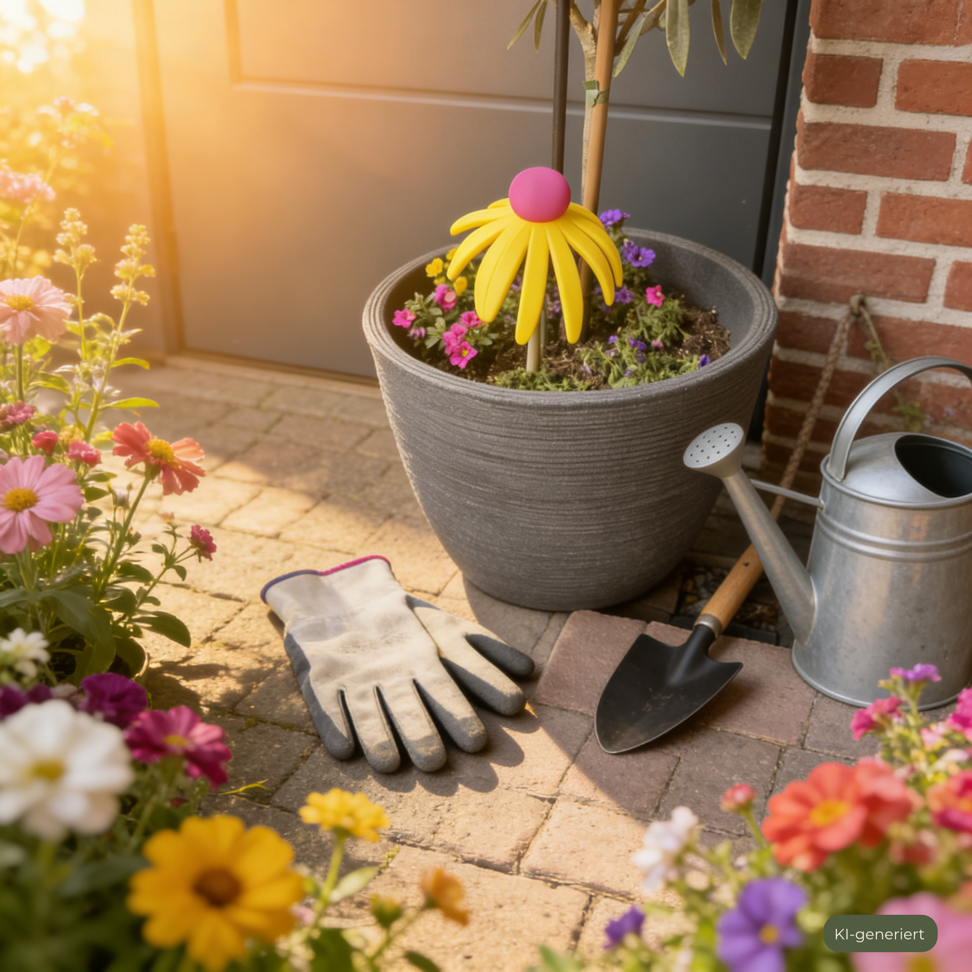 Moderne Blumendeko Sonnenhut im Blumentopf auf dem Balkon – 3D Druck Deko, KI-generiert