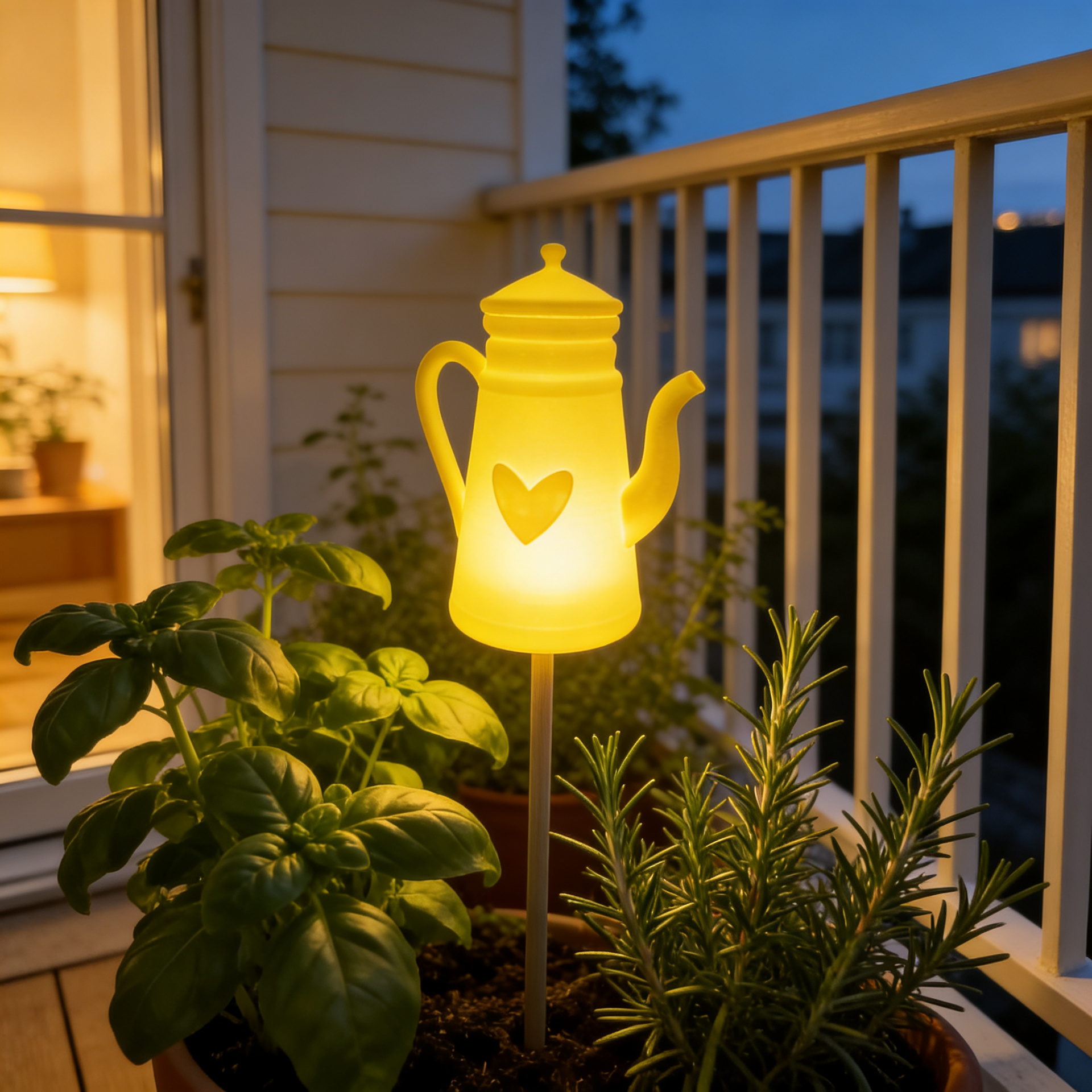 Moderne Deko LED Teekanne mit Herz im Wintergarten – cozy Lichtstimmung