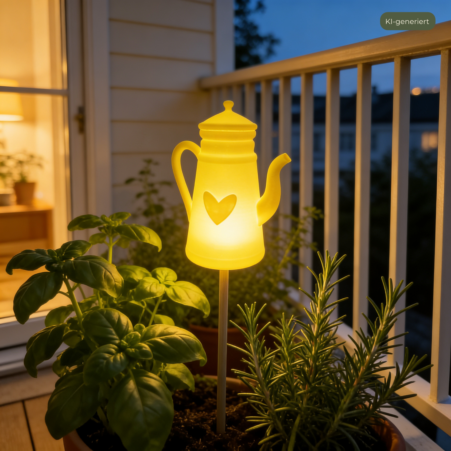 Moderne Deko LED Teekanne mit Herz im Wintergarten – cozy Lichtstimmung, KI-generiert