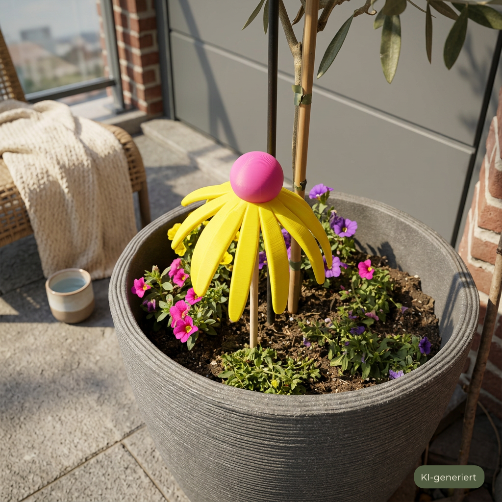 Moderne Dekoblume "Sonnehut" auf dem Balkon, KI-generiert