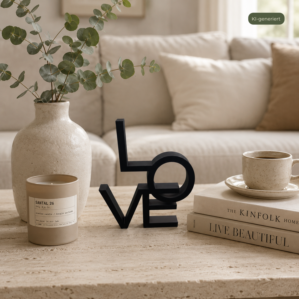 Moderner LOVE Schriftzug aus dem 3D-Druck - minimalistische Standdeko mit Charakter, KI-generiert