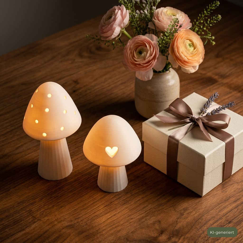 Pilz Ballon Set auf einem Tisch neben einem Geschenk und Blumenstrauß, KI-generiert