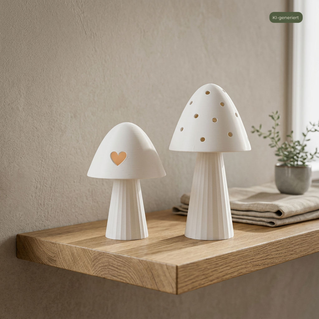 Pilz Lampen Set auf einem Massivholzregal, KI-generiert