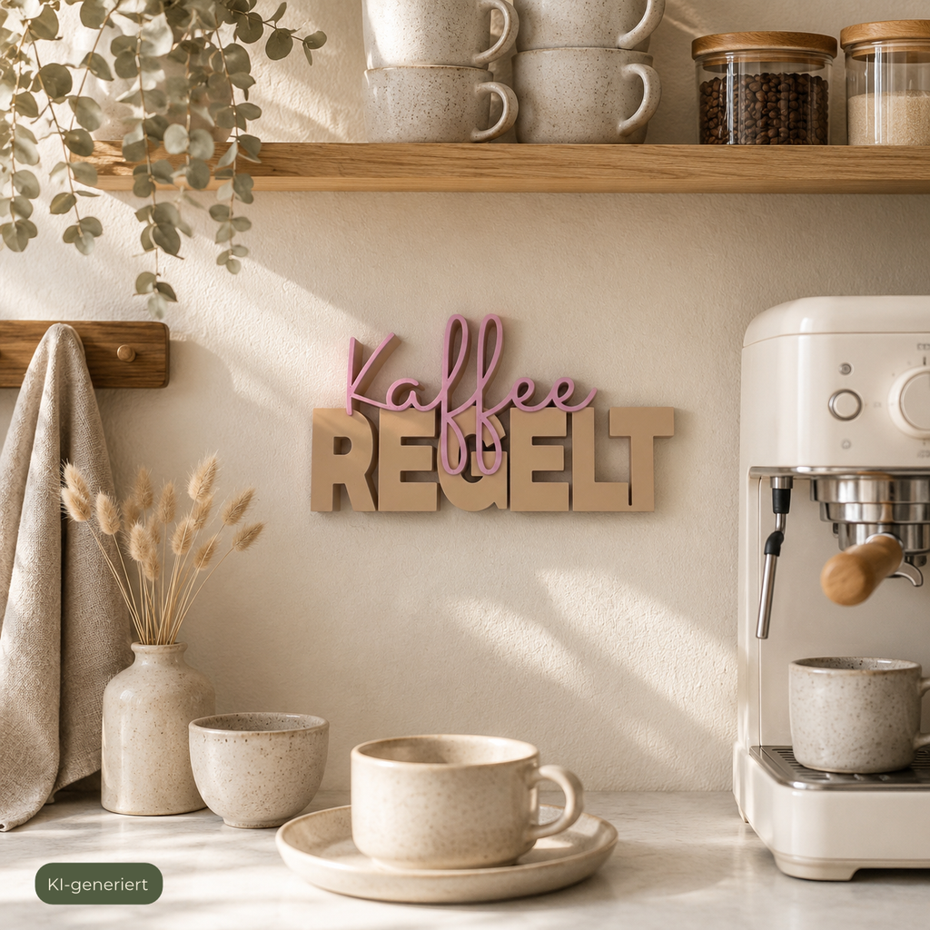 Deko-Schriftzug Kaffee REGELT auf Küchenregal – freche Küchendeko für Kaffeeliebhaber
