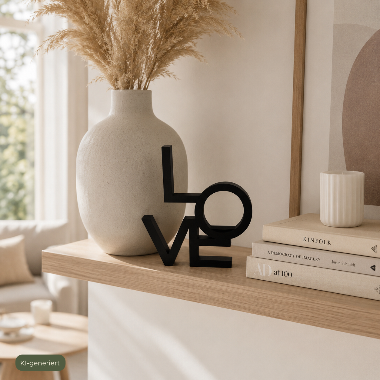 Deko-Schriftzug LOVE auf modernem Sideboard – zeitloses Statement für das Wohnzimmer, KI-generiert