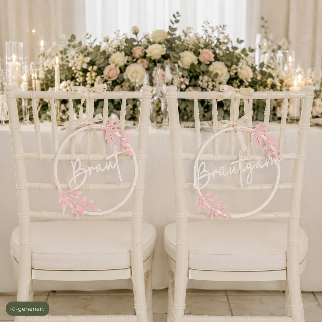 Stuhlschild Set Braut und Braeutigam mit floralem Design, KI-generiert