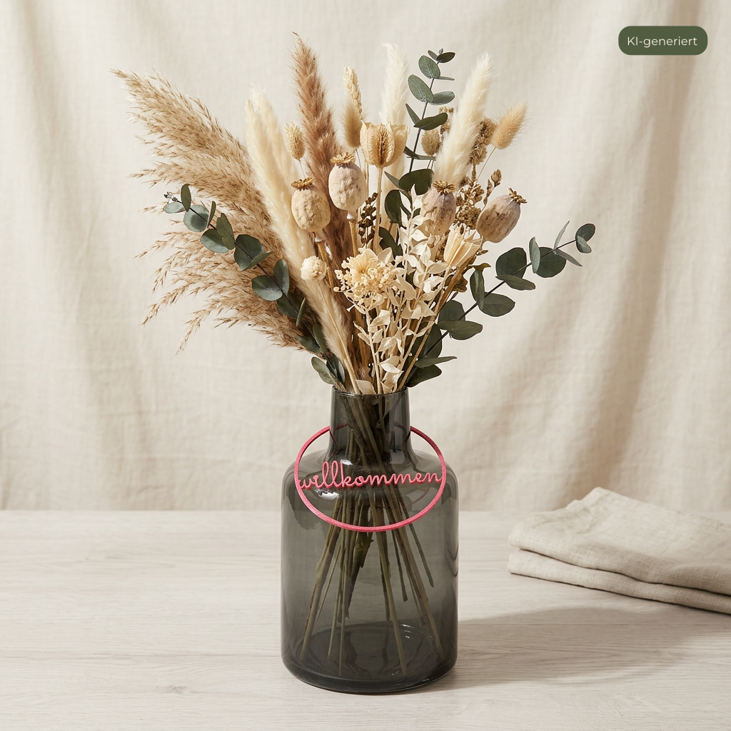 Willkommen Kranz mit Kunstblumen in Vase, KI-generiert