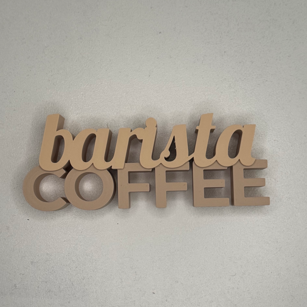 Deko-Schriftzug barista COFFEE Nahaufnahme – geschwungene Kursivschrift auf Blockbuchstaben
